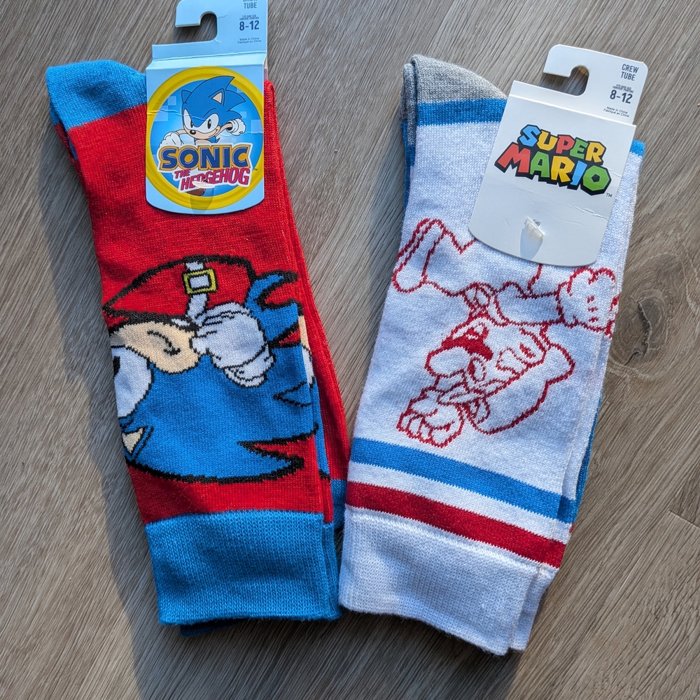 Sonic the Hedgehog and Super Mario Socks - Men's Size 8-12